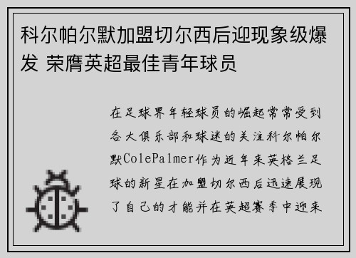 科尔帕尔默加盟切尔西后迎现象级爆发 荣膺英超最佳青年球员